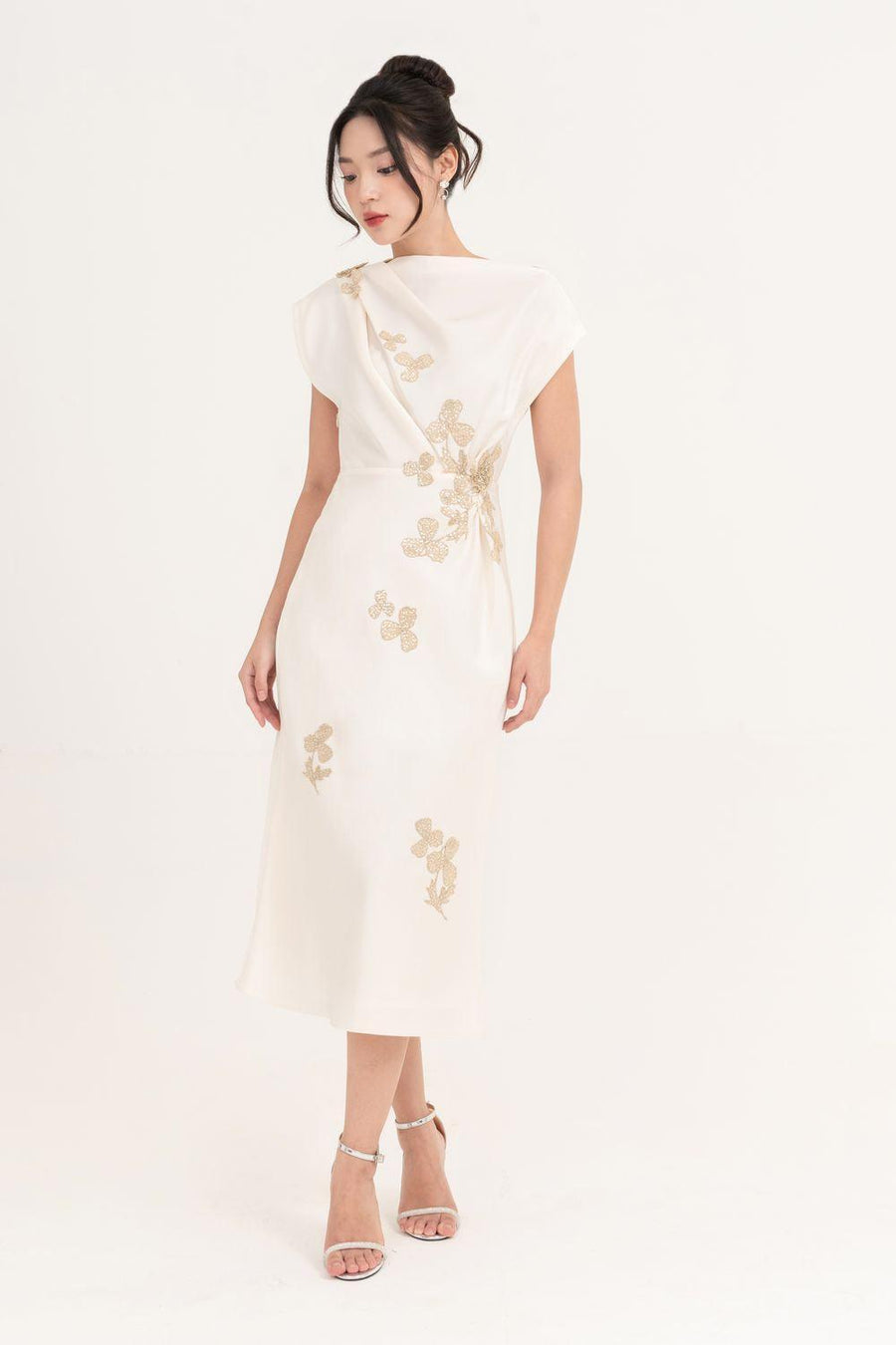 Posy Sheath Asymmetric Neck Taffeta Midi Dress Midi Dress IVY moda