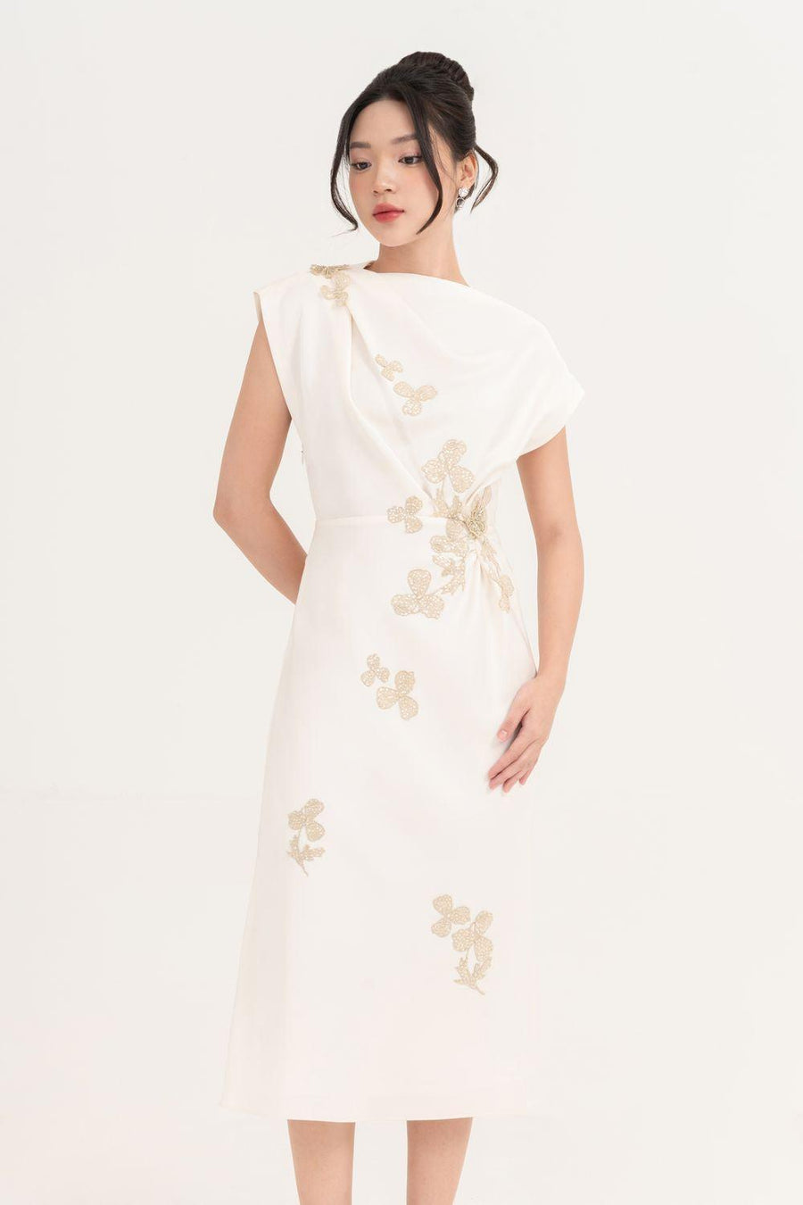 Posy Sheath Asymmetric Neck Taffeta Midi Dress Midi Dress IVY moda