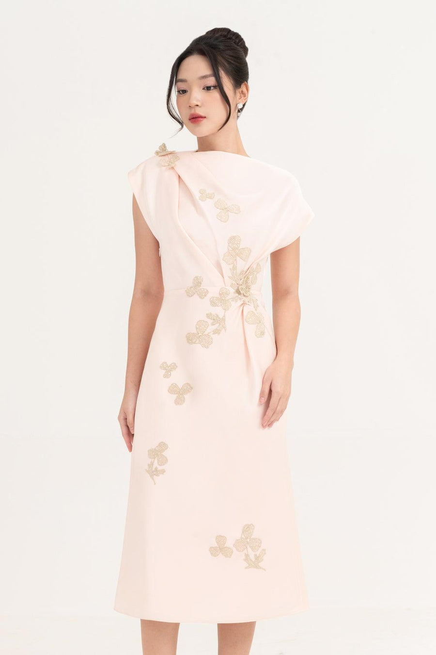 Posy Sheath Asymmetric Neck Taffeta Midi Dress Ivory White Midi Dress IVY moda