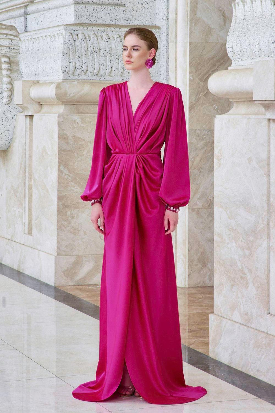 Prelude Slit Bishop Sleeved Satin Floor Length Dress Fuchsia Gown Dress I.H.F Atelier
