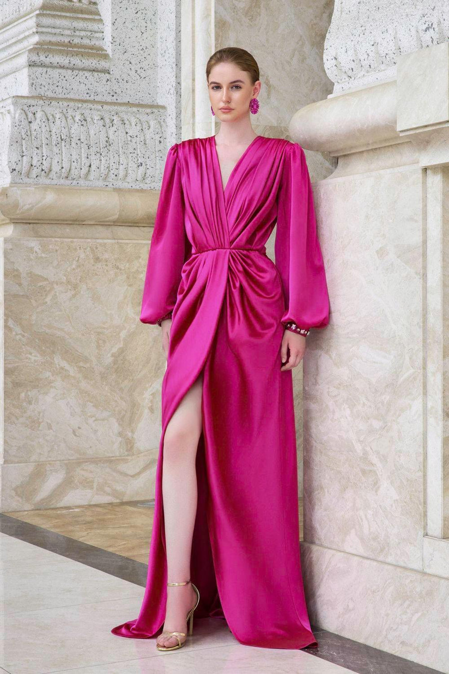 Prelude Slit Bishop Sleeved Satin Floor Length Dress Gown Dress I.H.F Atelier