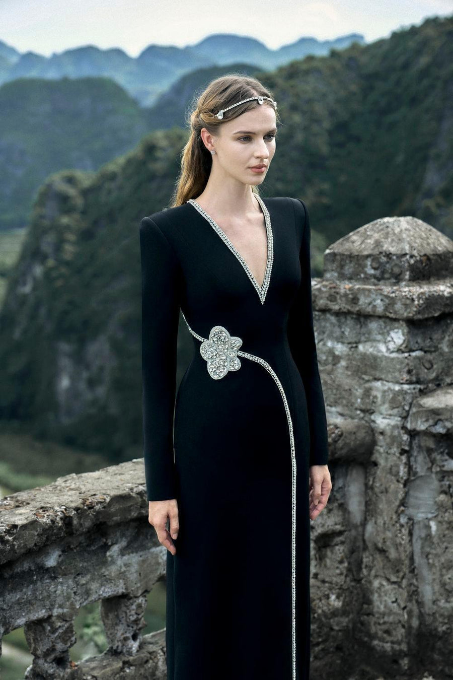 Presley A-line V-Neck Velvet Floor Length Dress 3