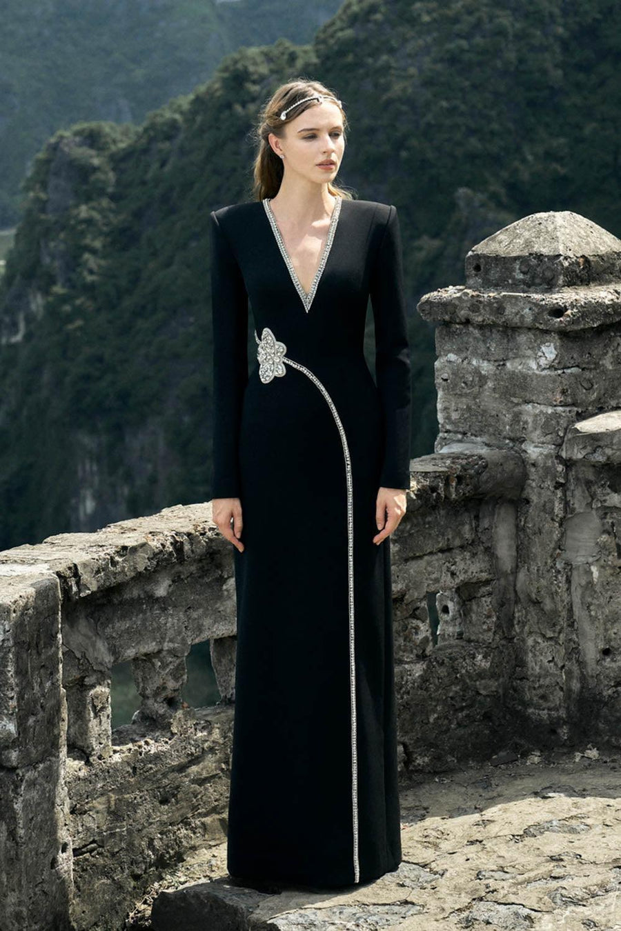 Presley A-line V-Neck Velvet Floor Length Dress 6