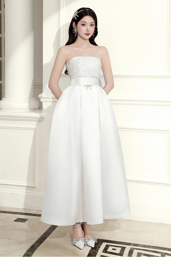 Princess Strapless Straight Across Neck Taffeta Ankle Length Dress