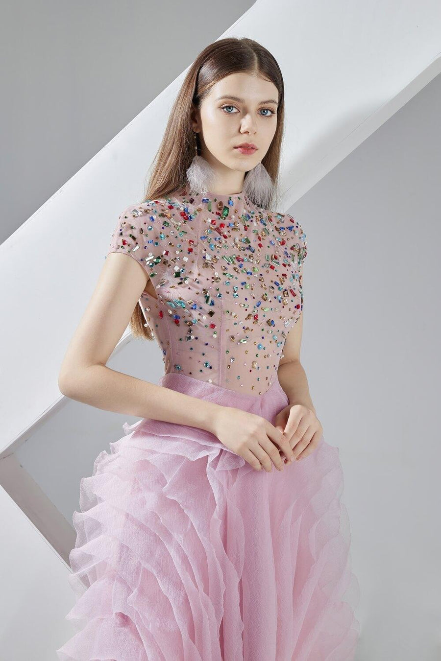Priscilla Layered Short Sleeved Organza Ankle Length Dress 2