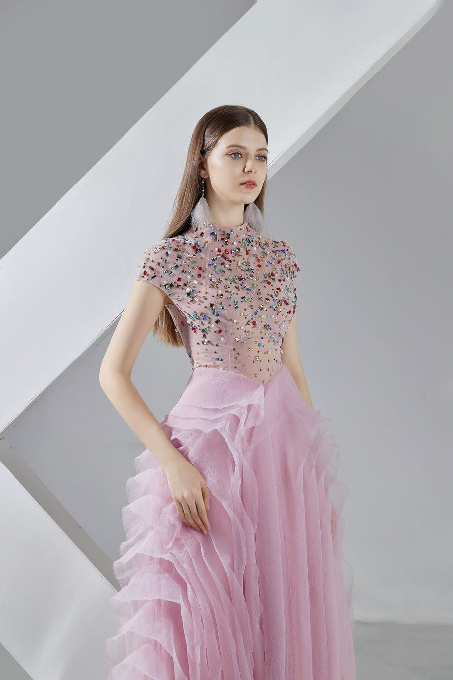 Priscilla Layered Short Sleeved Organza Ankle Length Dress 3