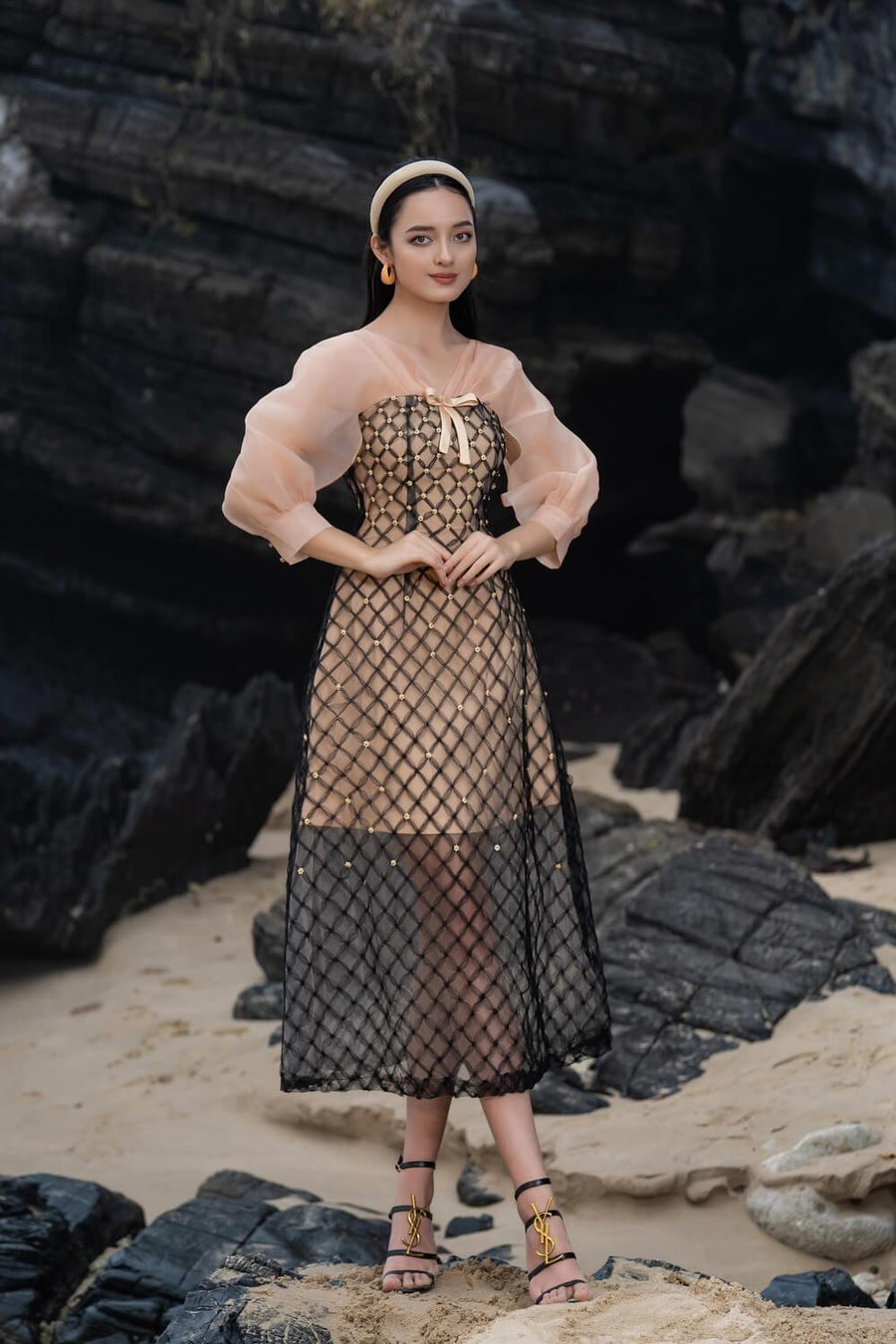 Priya A-line See-Through Mesh Sheer Midi Dress 12