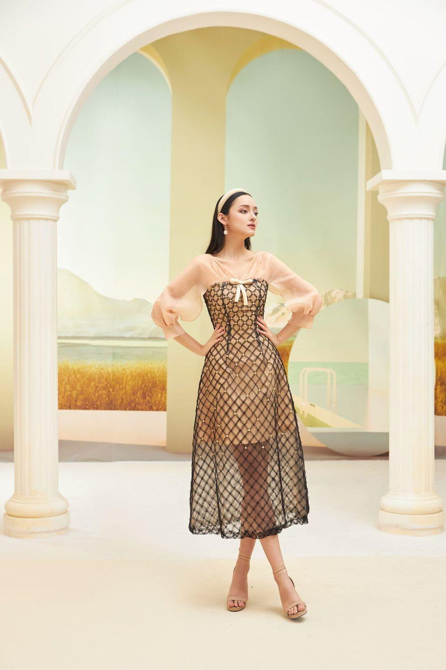 Priya A-line See-Through Mesh Sheer Midi Dress 17