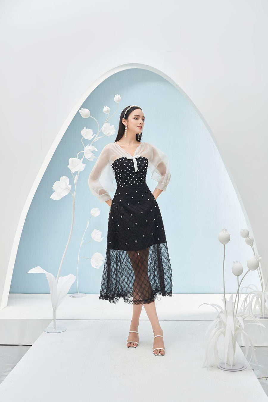 Priya A-line See-Through Mesh Sheer Midi Dress 18
