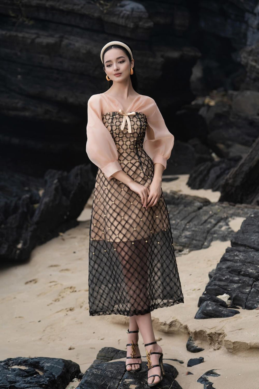 Priya A-line See-Through Mesh Sheer Midi Dress 7