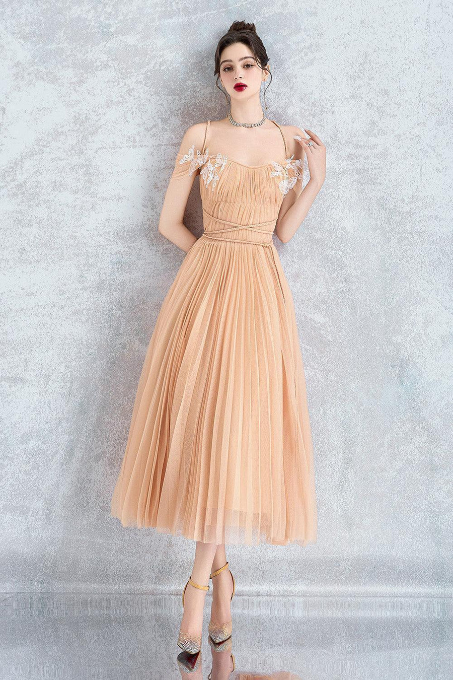 Psychelle Pleated Cold Shoulder Sleeved Mesh Midi Dress Midi Dress Calista de Minh Thanh