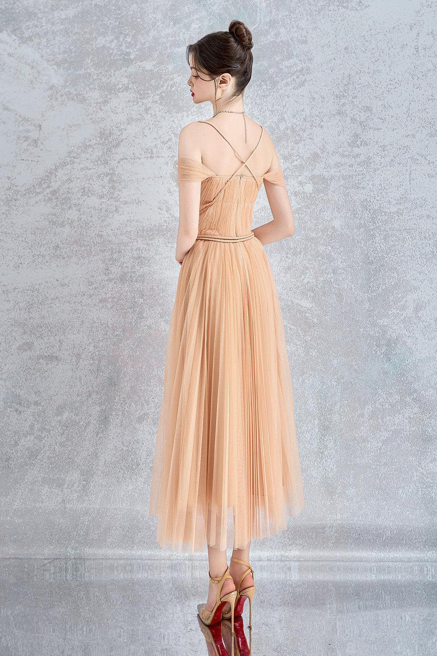 Psychelle Pleated Cold Shoulder Sleeved Mesh Midi Dress Midi Dress Calista de Minh Thanh