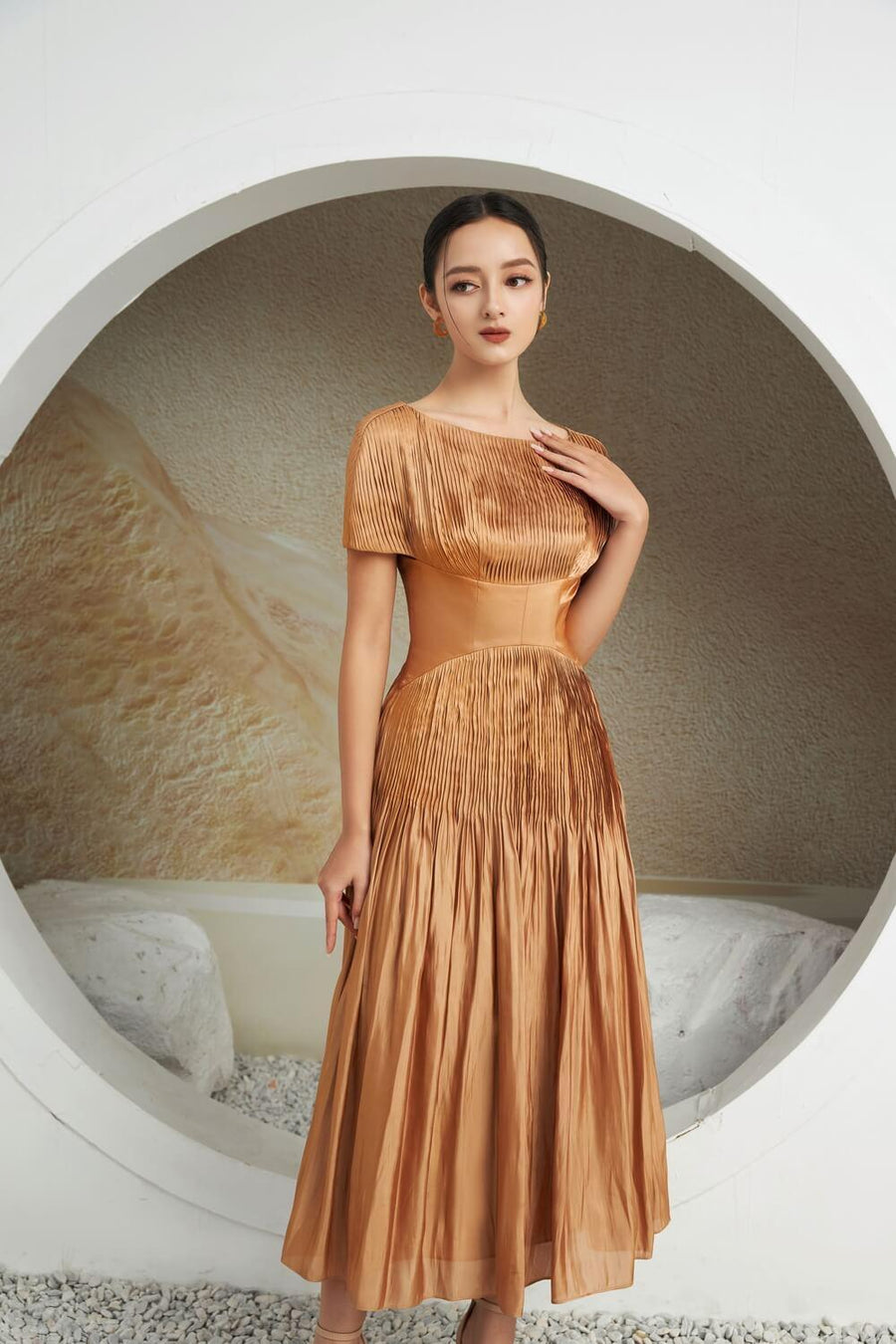 Pugh Gathered Boat Neck Silk Midi Dress 4