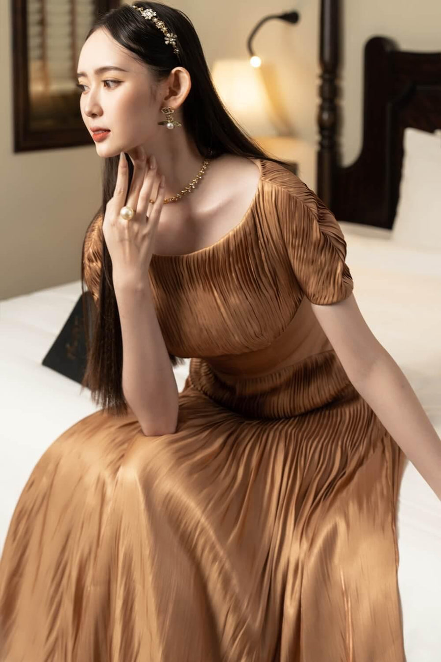 Pugh Gathered Boat Neck Silk Midi Dress 6