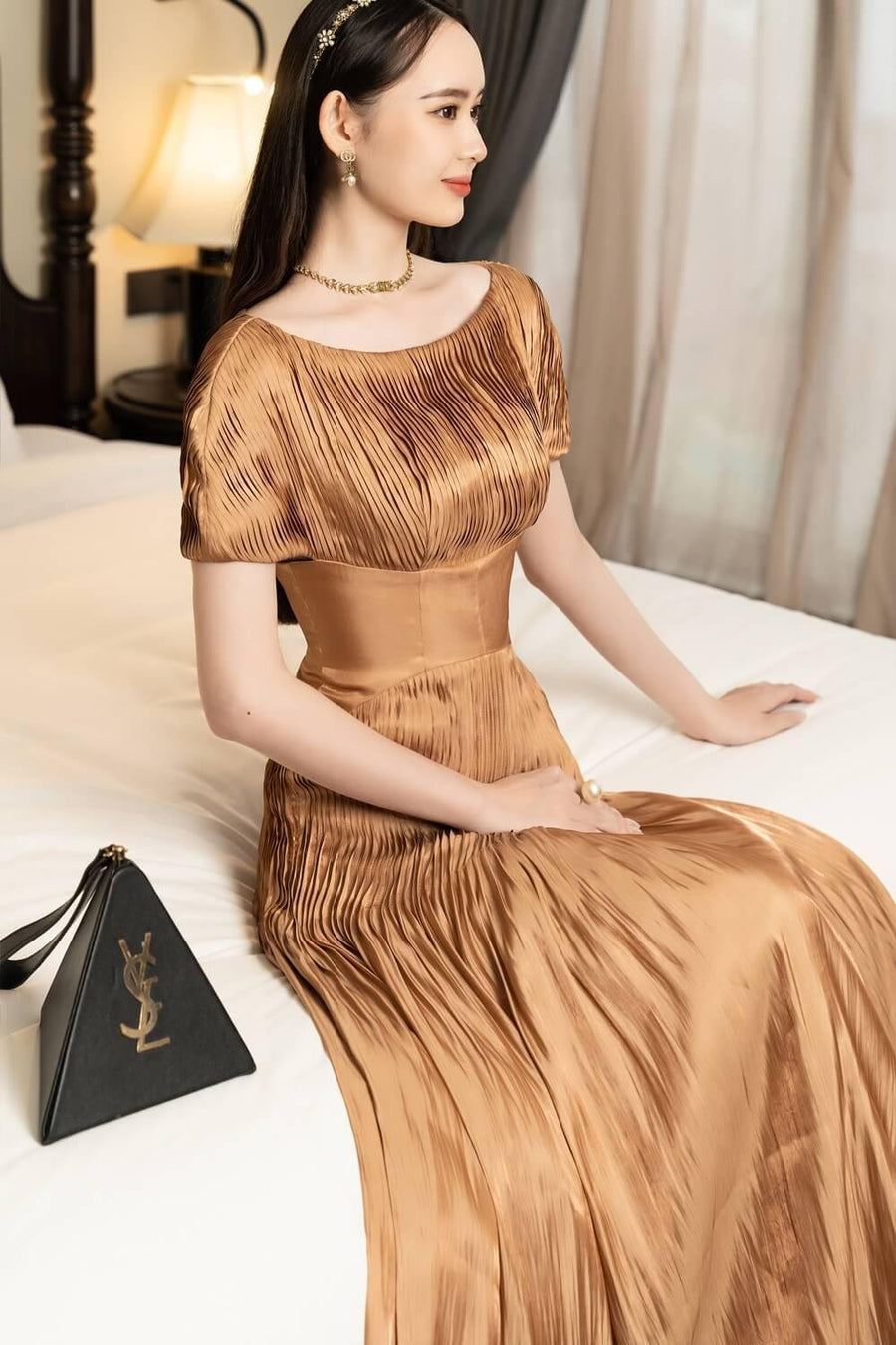 Pugh Gathered Boat Neck Silk Midi Dress 8