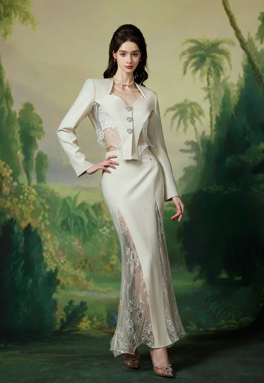 Sofi sexy lace hollowed out suit with fish tail wrapped buttocks skirt two piece set for spring and summer new collection Set RESSALINA