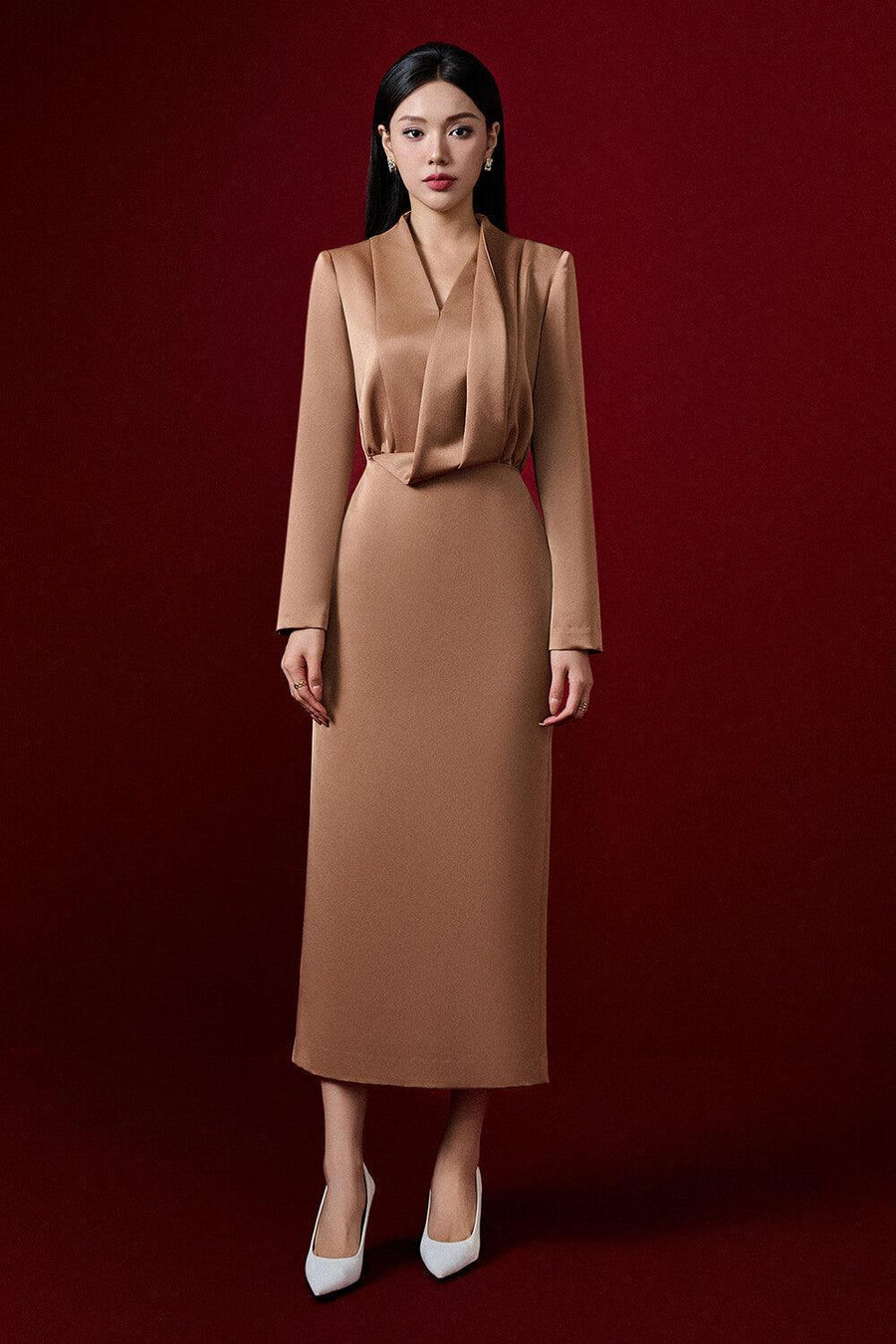 Quinn Sheath Long Sleeved Taffeta Midi Dress Midi Dress Eegen Studio