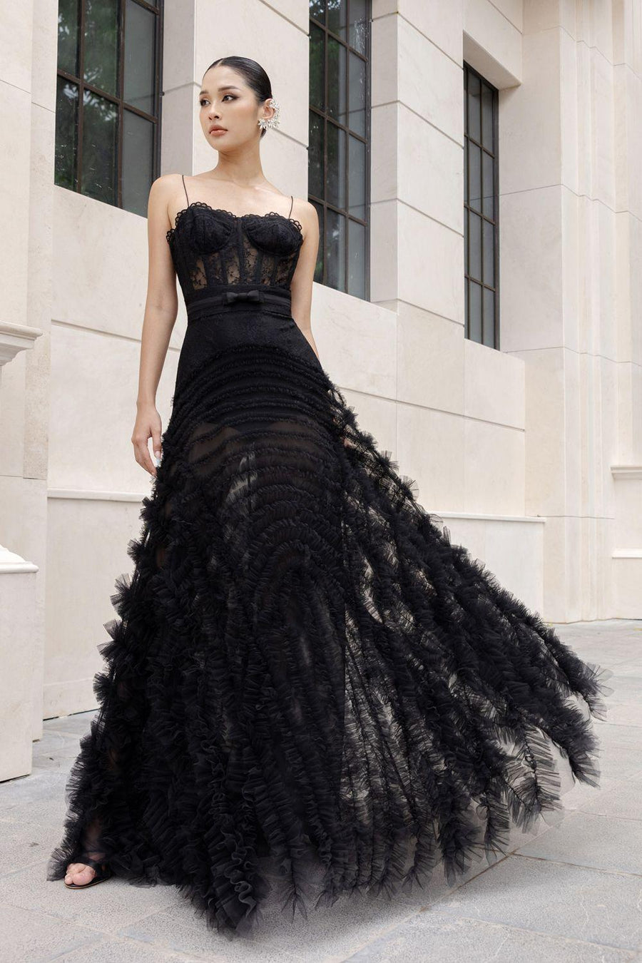 Raanana Fit and Flare Spaghetti Strap Lace Floor Length Dress Black Gown Dress 21Six