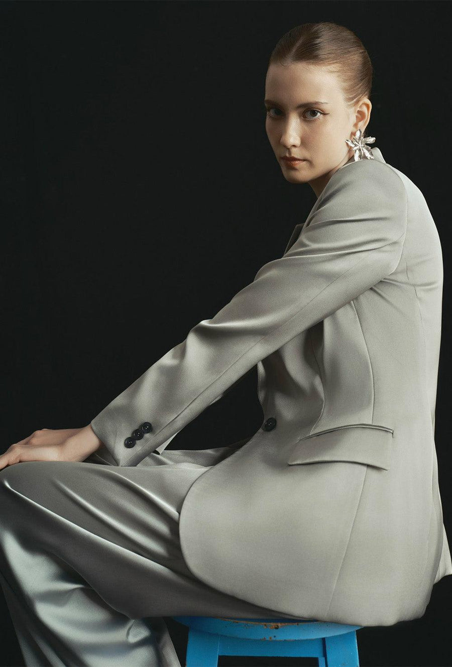 Rachel Straight Notch Lapel Poly Silk Blazer 3