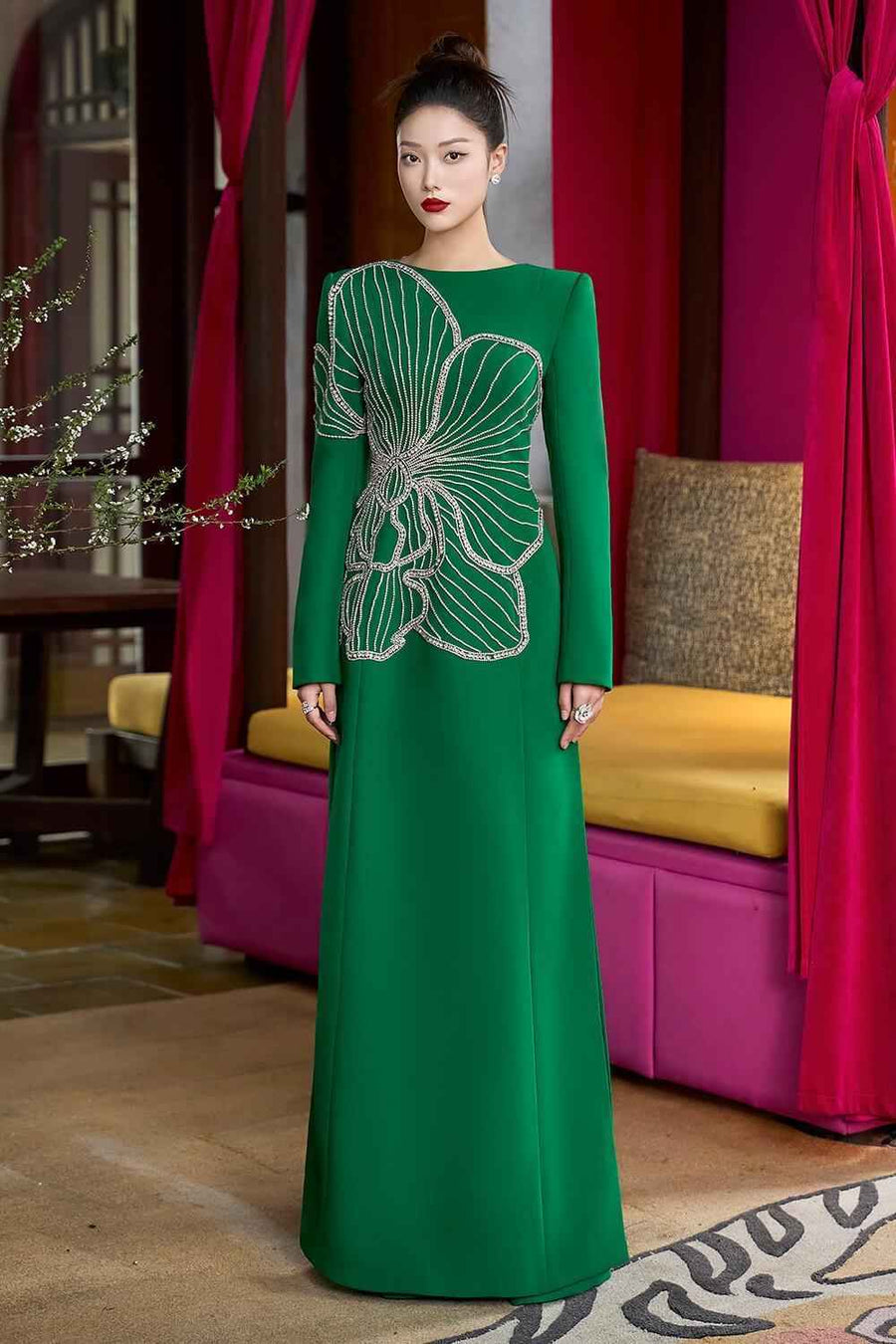 Radiai A-line Long Sleeved Velvet Satin Maxi Dress