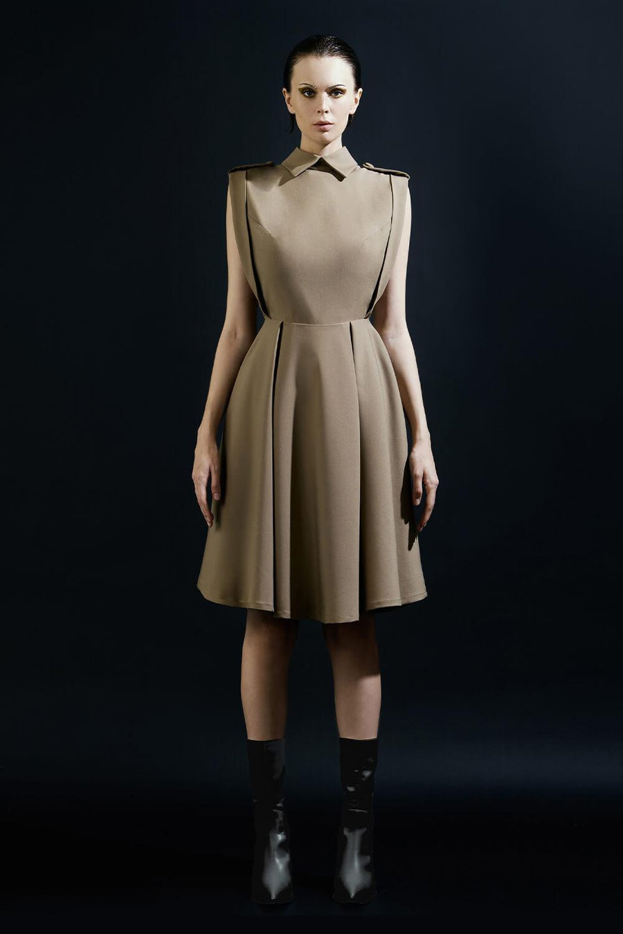 Rainbow A-line Collared Neck Silk Wool Knee-length Dress 1