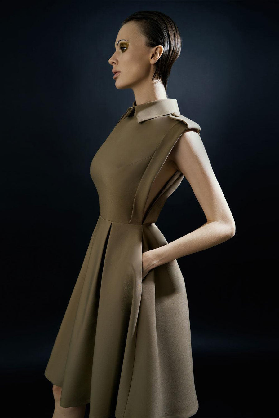 Rainbow A-line Collared Neck Silk Wool Knee-length Dress 3