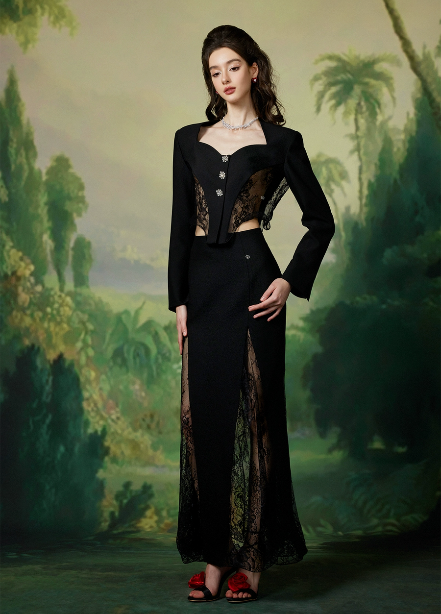 Sofi sexy lace hollowed out suit with fish tail wrapped buttocks skirt two piece set for spring and summer new collection Set RESSALINA