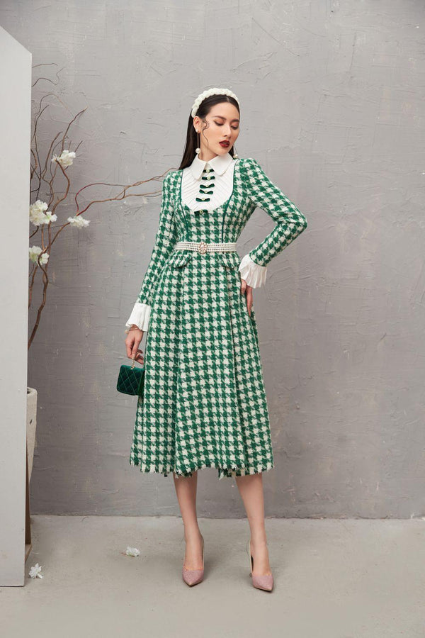 Ratih A-line Collared Neck Tweed Midi Dress 1