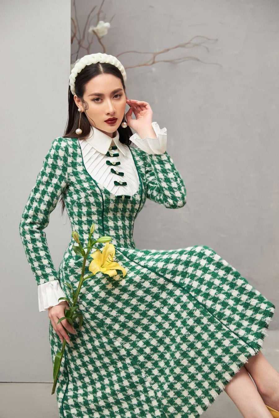 Ratih A-line Collared Neck Tweed Midi Dress 4