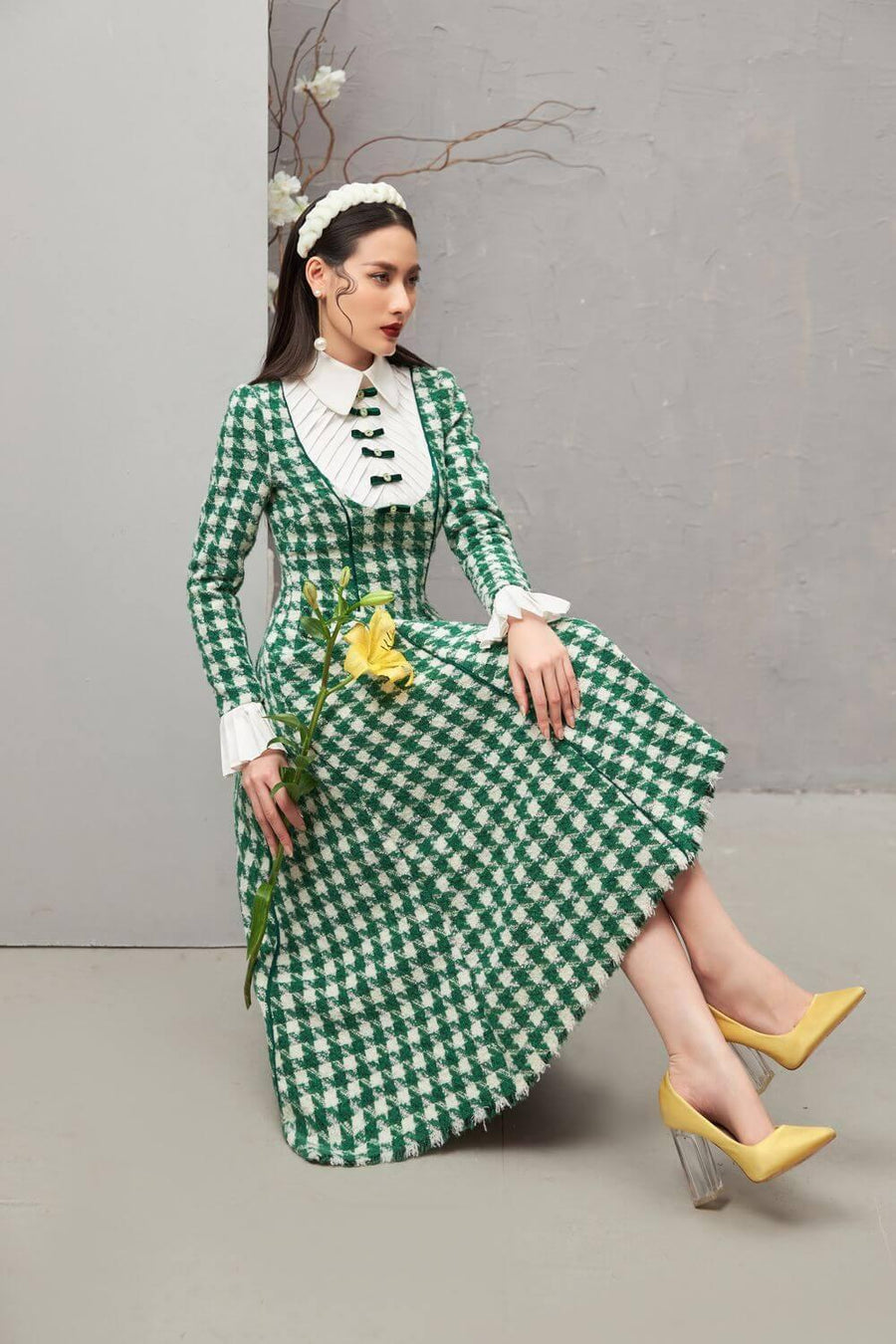 Ratih A-line Collared Neck Tweed Midi Dress 5