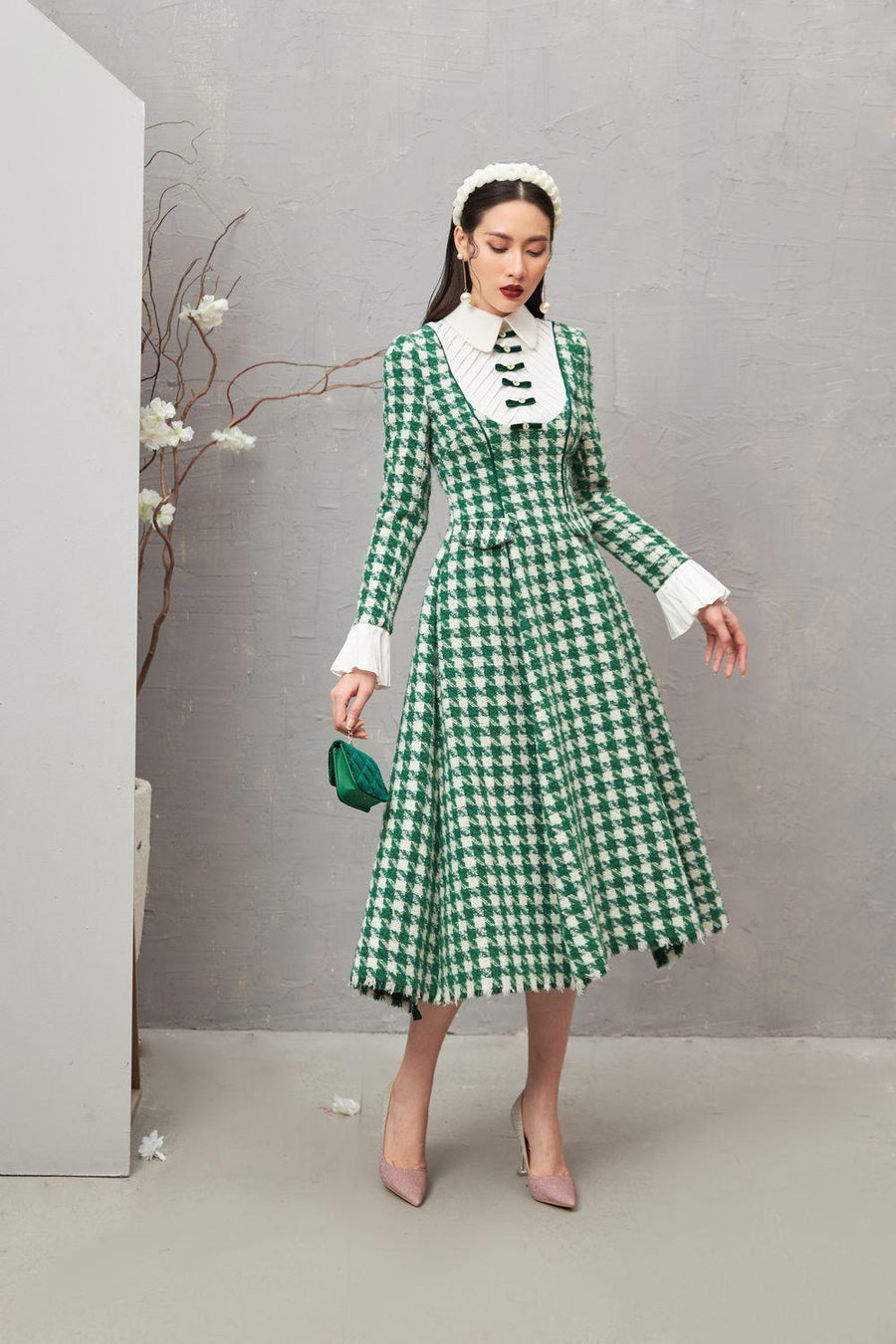 Ratih A-line Collared Neck Tweed Midi Dress 6