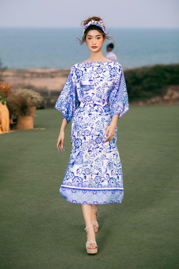 Rebecca A-line Kimono Sleeved Latin Silk Midi Dress