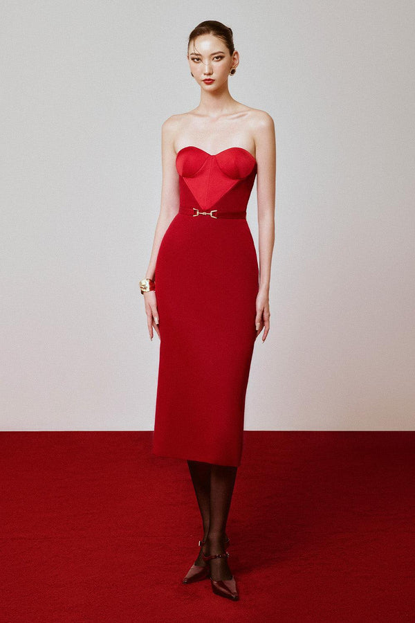 Redhell Strapless Semi-Heart Neck Polyester Midi Dress