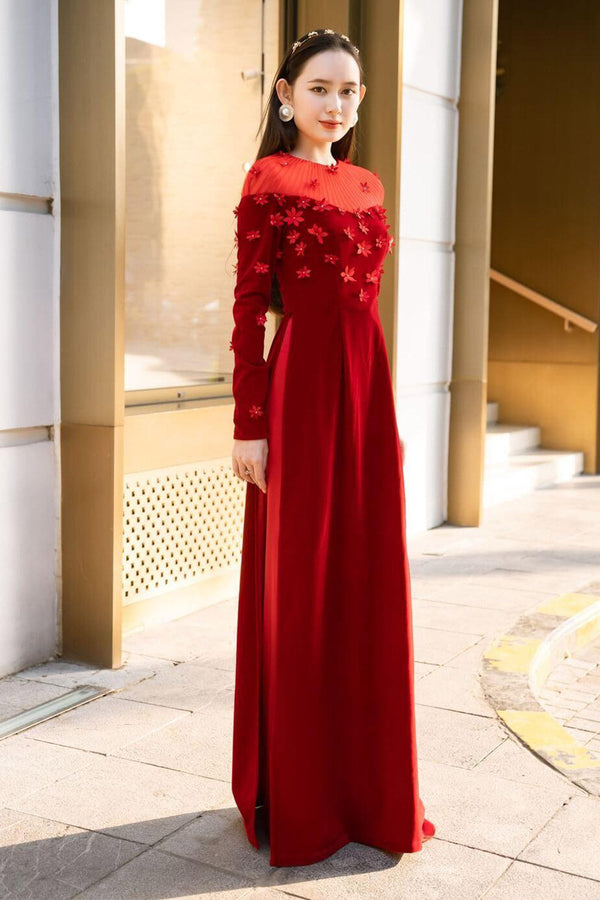 Remi Fitted Flower Applique Velvet Long Length Ao Dai Set 1