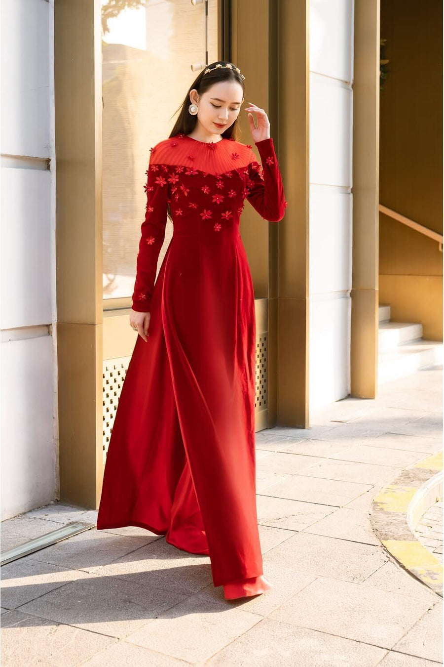 Remi Fitted Flower Applique Velvet Long Length Ao Dai Set 3