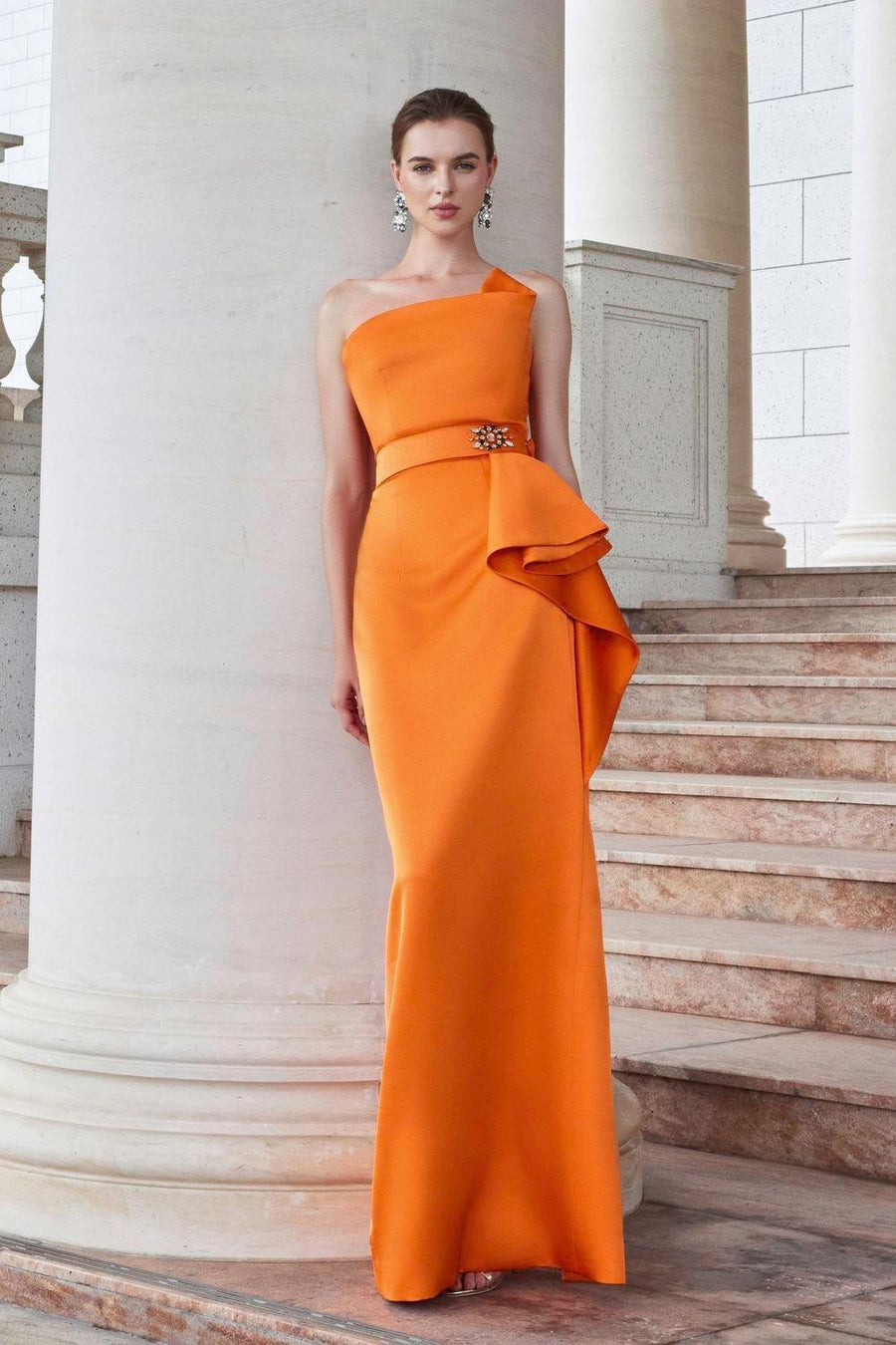 Reverie Strapless Back Slit Silk Floor Length Dress Orange Gown Dress I.H.F Atelier