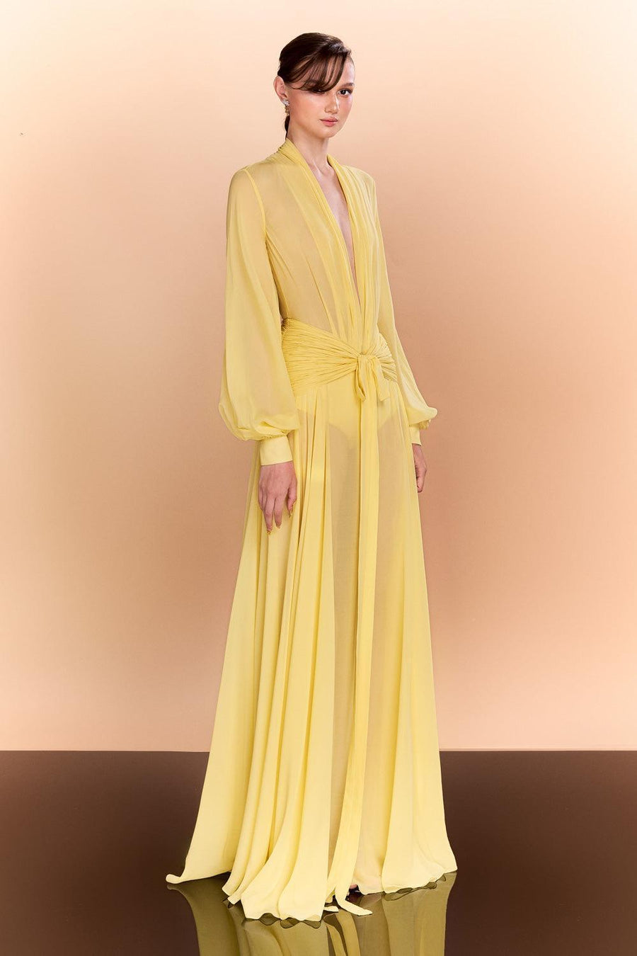Reyna A-line Bishop Sleeved Chiffon Floor Length Dress Yellow Gown Dress CEM