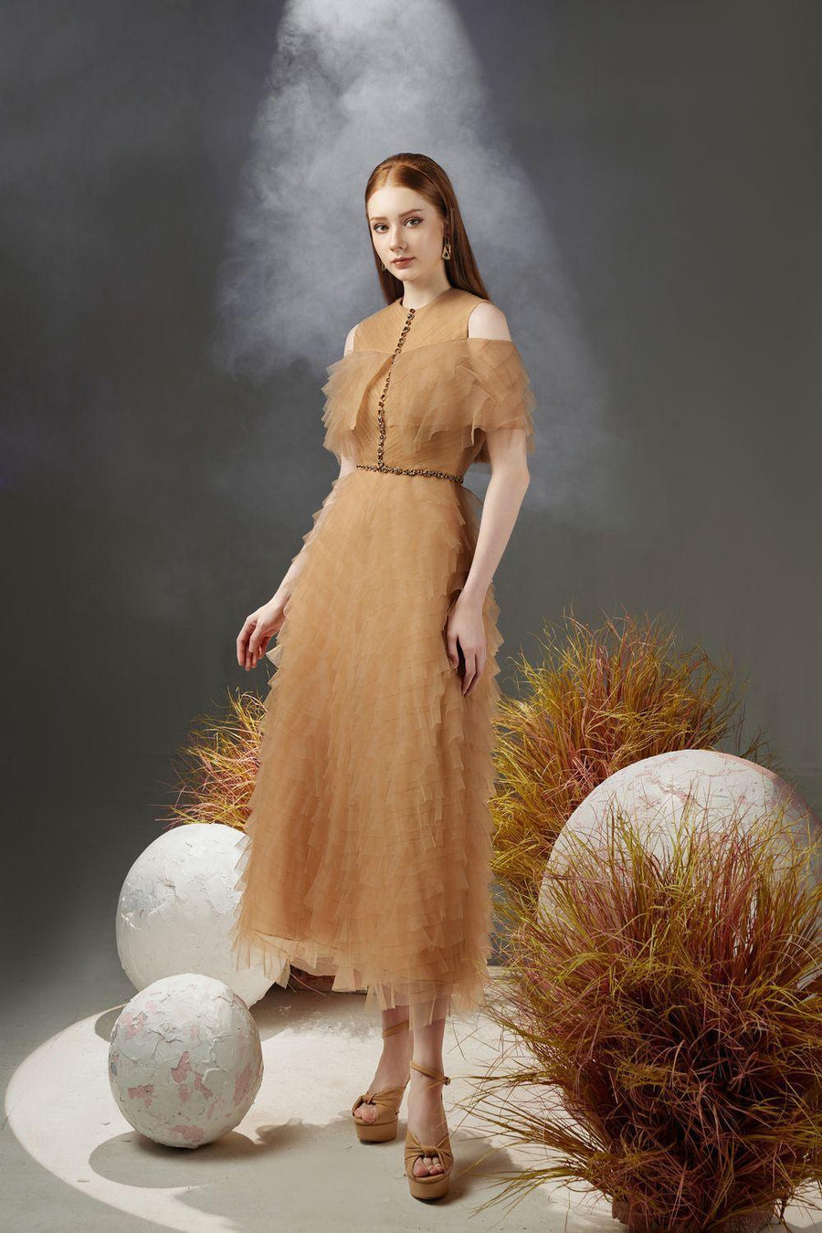 Reynolds Layered Cold Shoulder Sleeved Organza Midi Dress 6