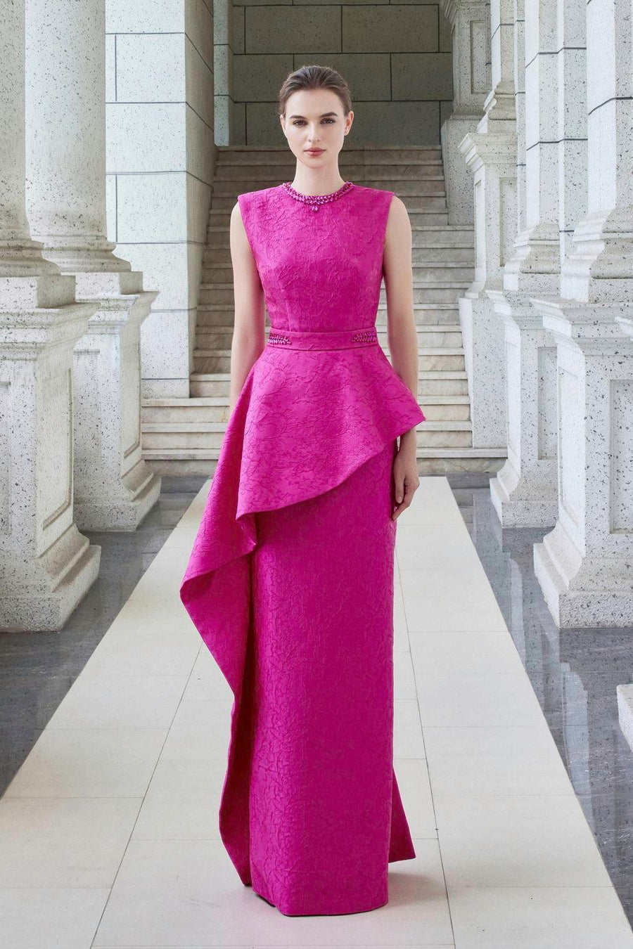 Rhapsody Sheath Extended Flap Jacquard Floor Length Dress Fuchsia Gown Dress I.H.F Atelier