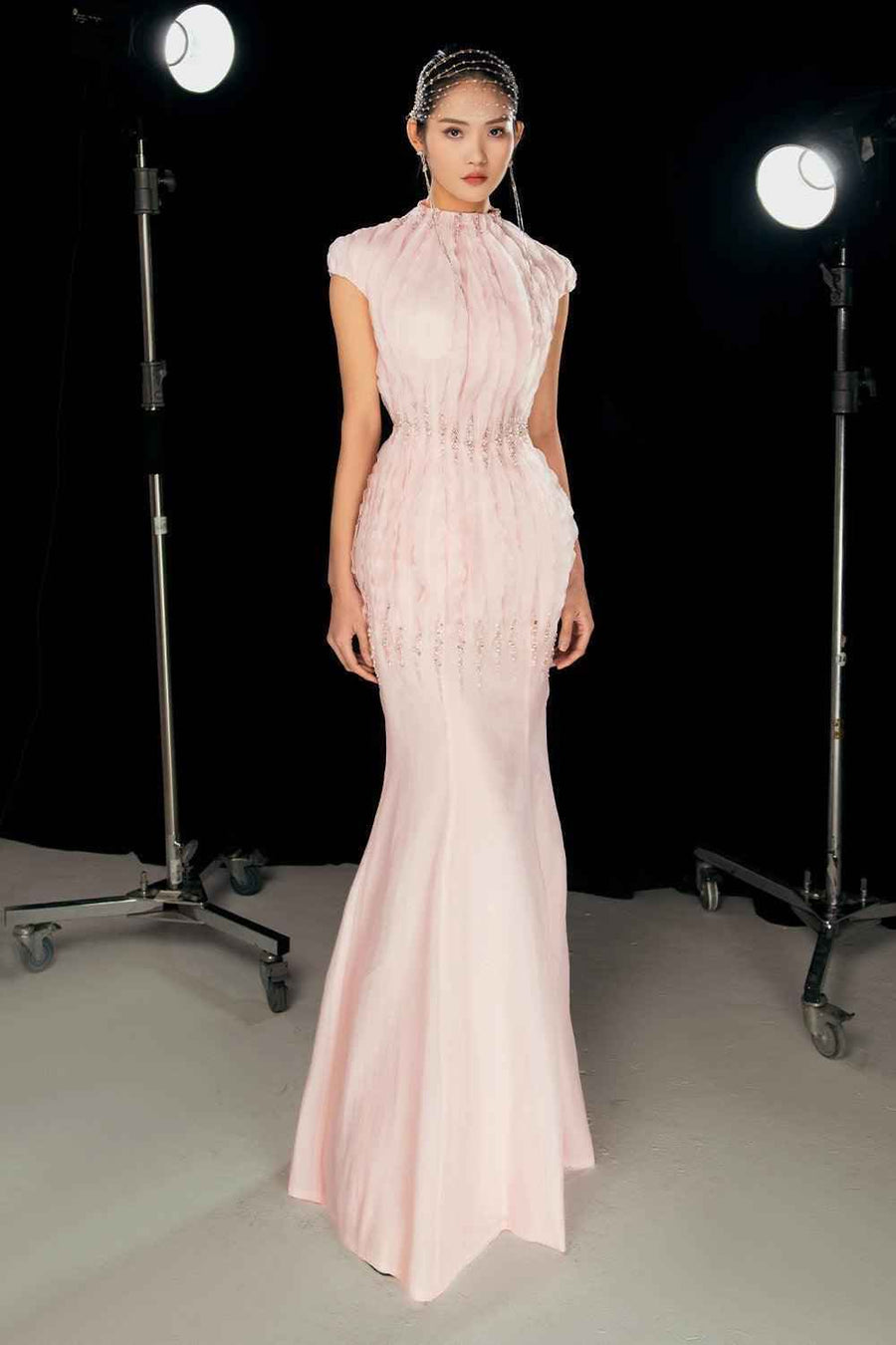 Rhodes Mermaid Cap Sleeved Silk Organza Floor Length Dress