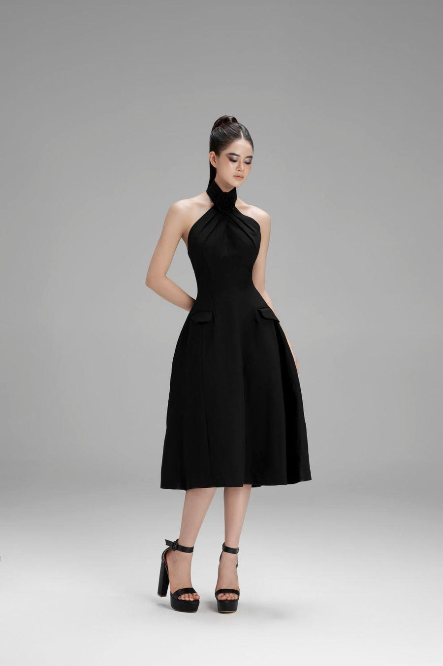 Riley A-line Crossover Neck Polycotton Midi Dress Black Midi Dress Cordia