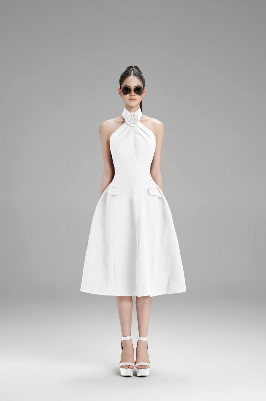 Riley A-line Crossover Neck Polycotton Midi Dress White Midi Dress Cordia
