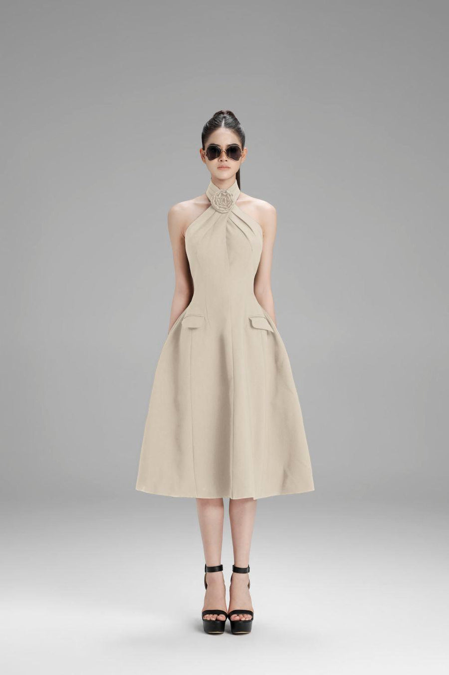 Riley A-line Crossover Neck Polycotton Midi Dress Nude Midi Dress Cordia