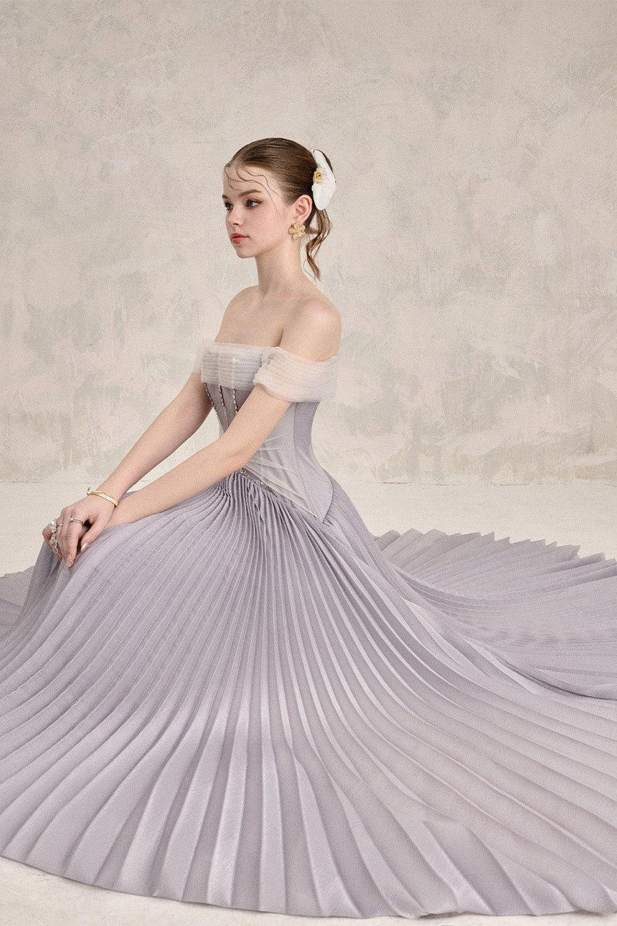 Riona Pleated Off-Shoulder Silk Floor Length Dress 5