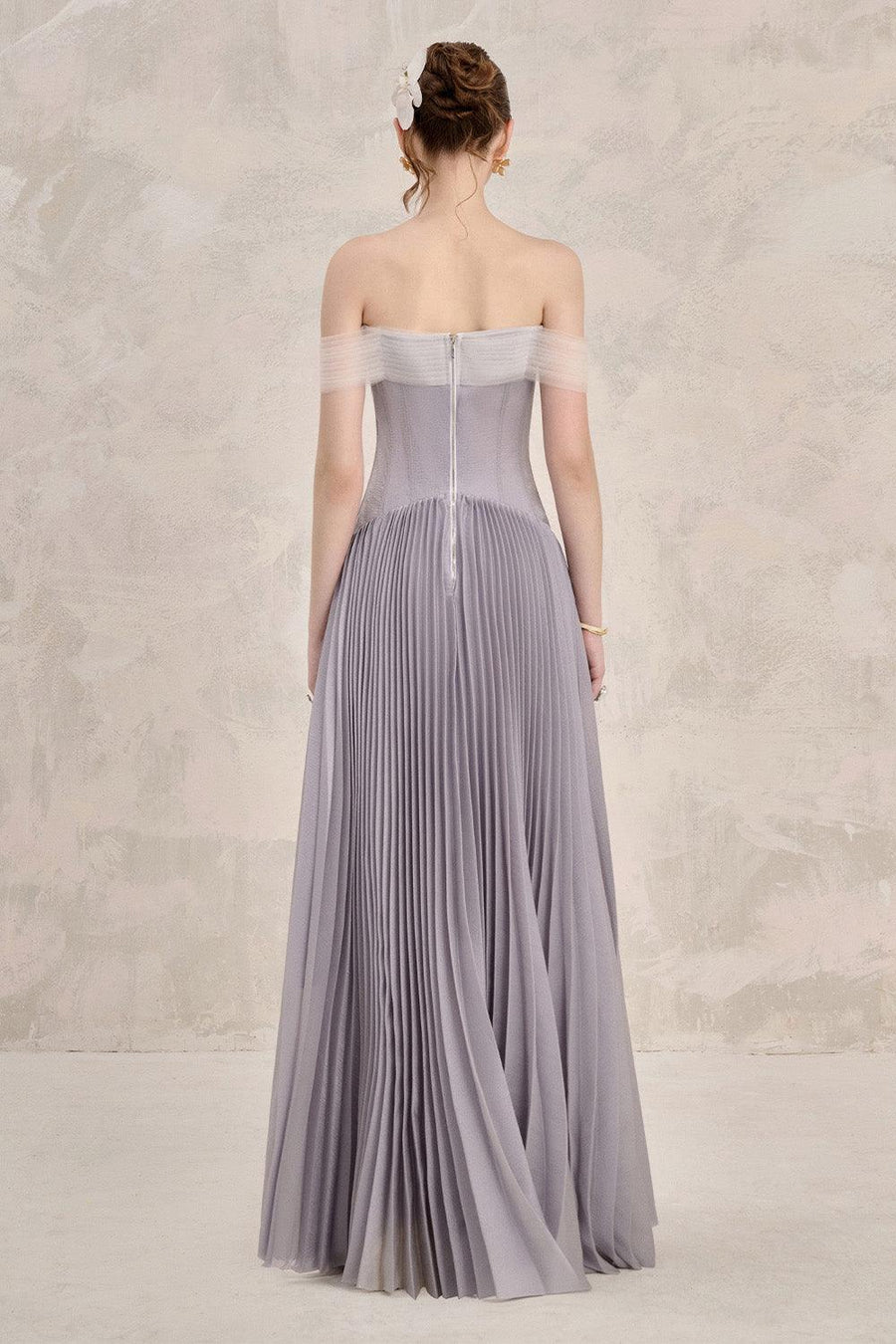 Riona Pleated Off-Shoulder Silk Floor Length Dress 7
