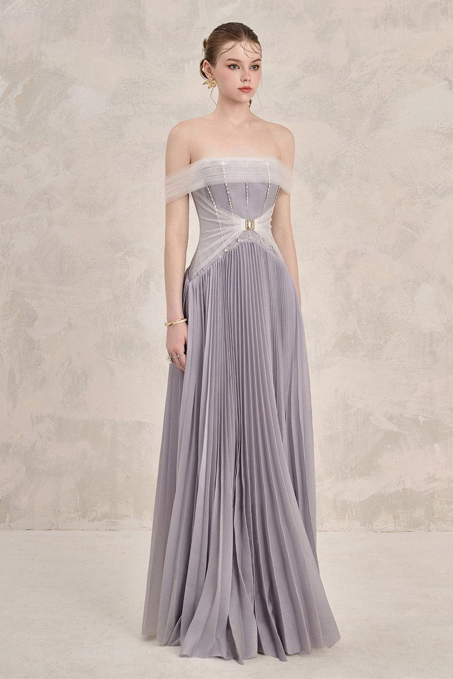 Riona Pleated Off-Shoulder Silk Floor Length Dress 8