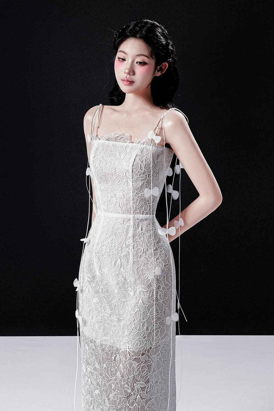Rishima Sheath Spaghetti Strap Lace Midi Dress