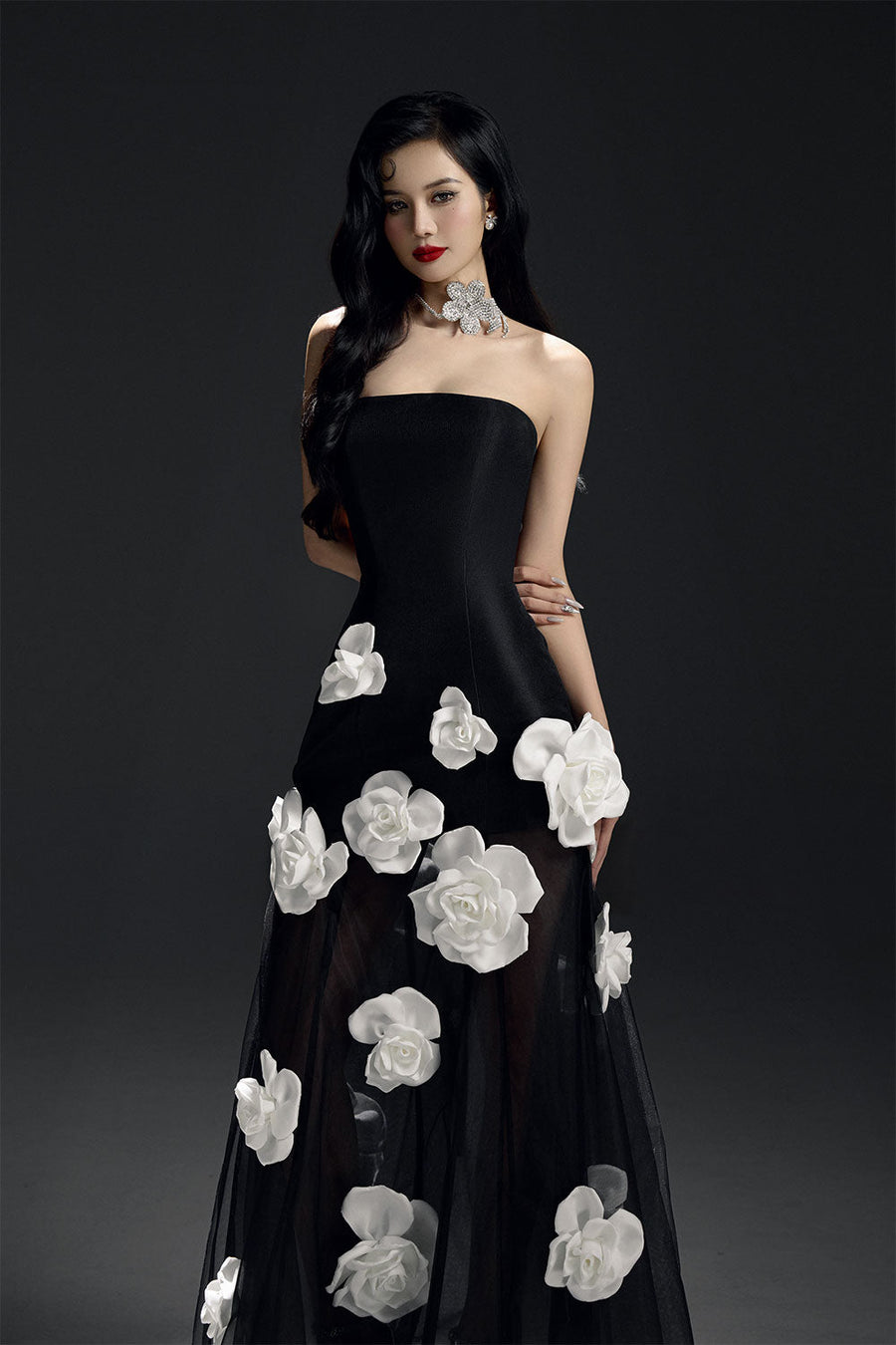 Lucie Rose A-line Flower Applique Mesh Taffeta Floor Length Dress 2
