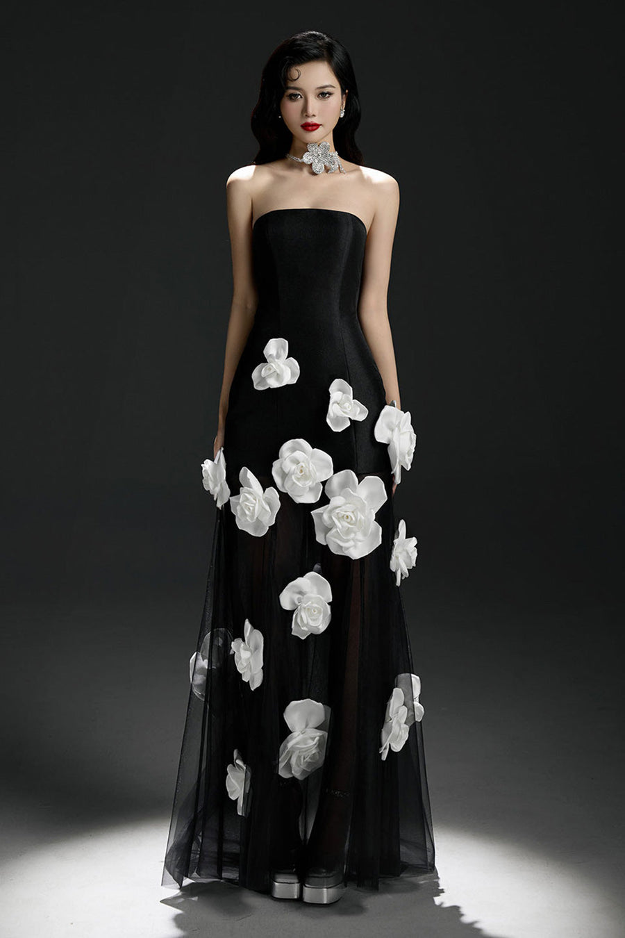 Lucie Rose A-line Flower Applique Mesh Taffeta Floor Length Dress 1