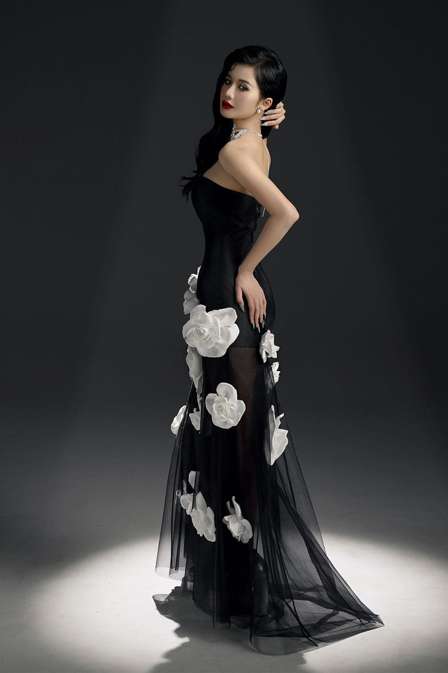 Lucie Rose A-line Flower Applique Mesh Taffeta Floor Length Dress 5